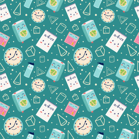 School pattern with elements of stationery, books, simple shapes, notesのイラスト素材