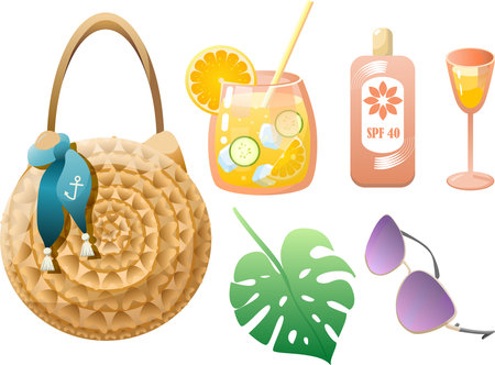 Colorful summer vibes beach bag, monstera, lemonade, glasses in trendy style on white background.のイラスト素材