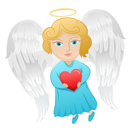 angel with heart congratulations with white wings, blue robeのイラスト素材