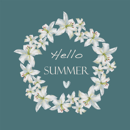 Summer Greeting Card with Floral Lily Frame and Handwritten Textの写真素材