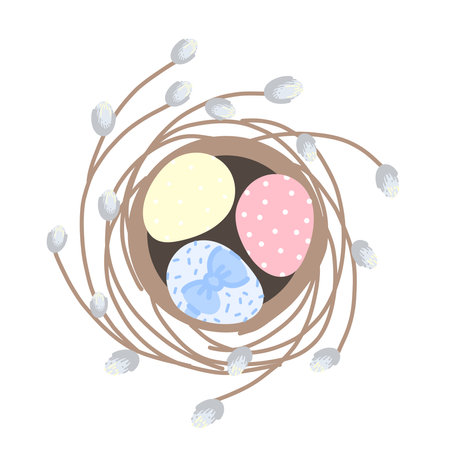cut Easter eggs in nest willow backgroundのイラスト素材