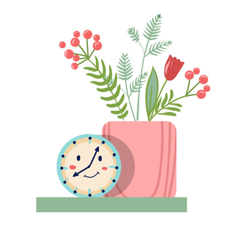 shelf with flowers in a vase and a clockのイラスト素材