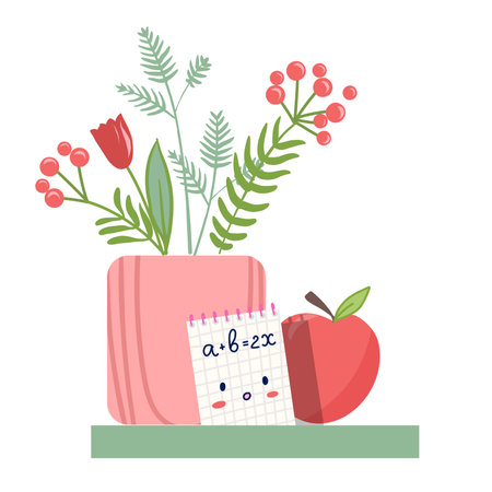 school shelf with flowers notepad and appleのイラスト素材