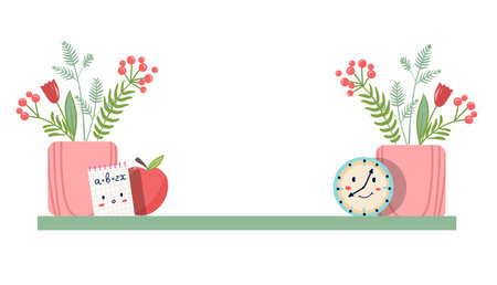 school shelf with vase, flowers, notebook and clock, back to schoolのイラスト素材
