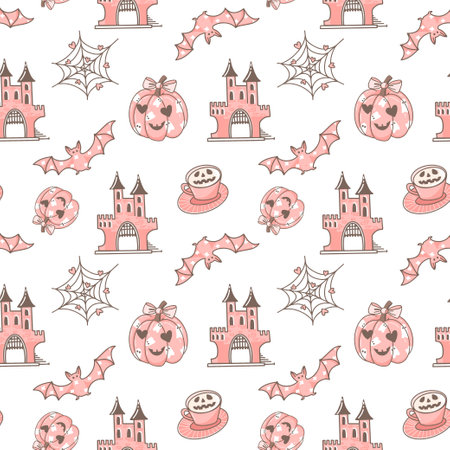 Cute Hand Drawn pink Halloween Vector Seamless Patternのイラスト素材