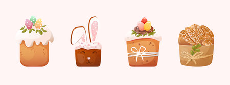 Easter cake set with white glaze decorated with decorative eggs, chocolate pieces, greens and meringueのイラスト素材