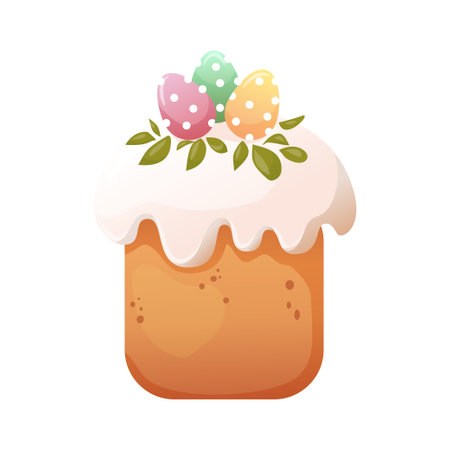 Cute cartoon illustration of Easter cake decorated by twig and eggs. Paska, kulich icon or printのイラスト素材