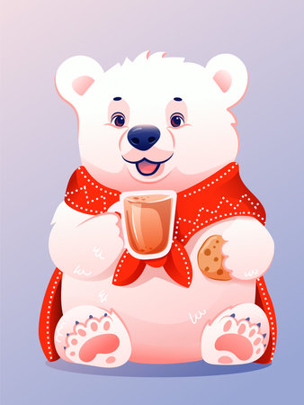 Polar bear with hot chocolate and cookiesのイラスト素材