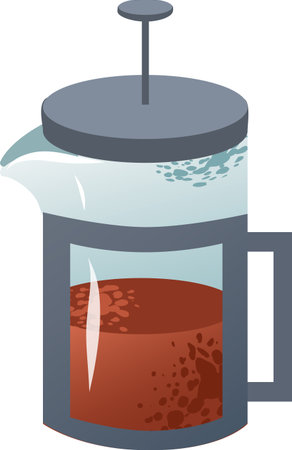A French coffee press with brewed coffee inside. The press has a glass bodyのイラスト素材