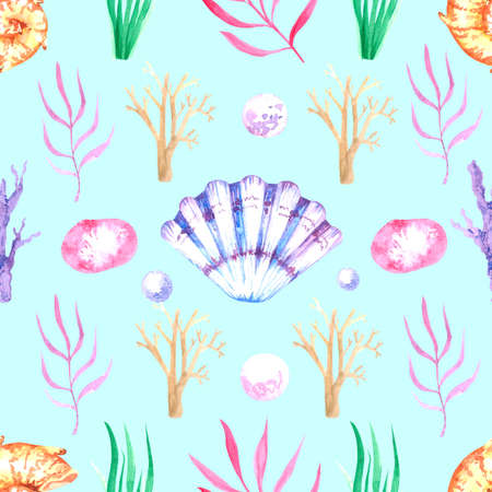 Hand-drawn watercolor pattern with shellsの写真素材