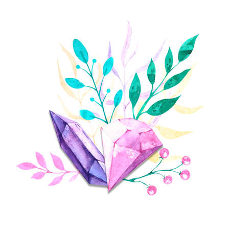 Watercolor illustration of crystals with flowers. Art for your design. The drawn elements of the clipart.の写真素材