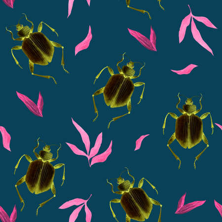 Bright pattern with beetles and plants. The texture for the design.の写真素材