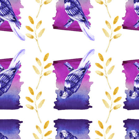 A watercolor pattern with botanical elements, birds, and textures. Background for use in the design of fabrics, packaging paper, postcards.の写真素材