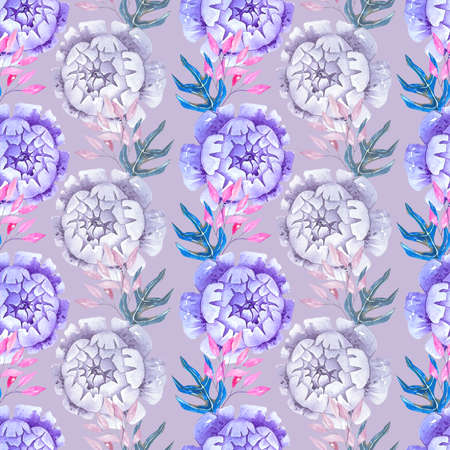 Watercolor pattern with flowers and leaves of purple color. Illustration for textures, fabrics, backgrounds, cards, design.の写真素材