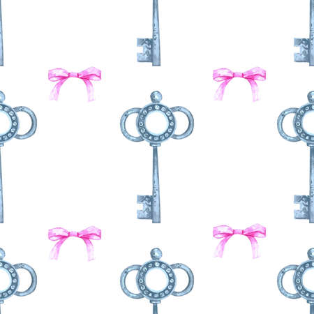Watercolor pattern with keys and pink bows. Illustration for packaging paper, fabric, postcards and your decor.の写真素材