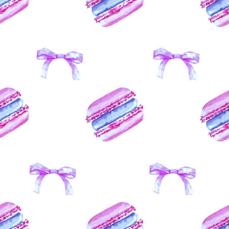 Watercolor pattern with macaroon dessert and pink bows. Watercolor elements on a white background Illustration for packaging paper, fabric, postcards and your decor.の写真素材