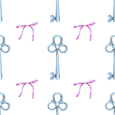 Watercolor pattern with keys and pink bows. Illustration for packaging paper, fabric, postcards and your decor. Watercolor elements on a white background.の写真素材