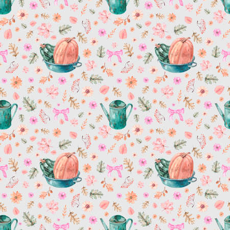 Watercolor seamless pattern with pumpkins flowers and leaves for product designの写真素材