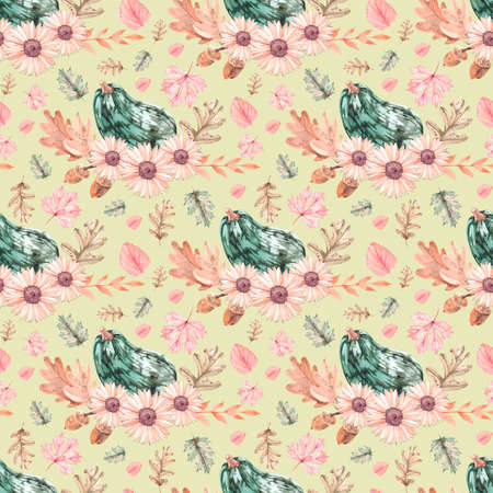 Watercolor seamless pattern with pumpkins flowers and leaves for product designの写真素材