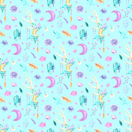 Seamless boho pattern with crystals, moon and flowers for use in scrapbooking, wallpaper and textiles and product designの写真素材