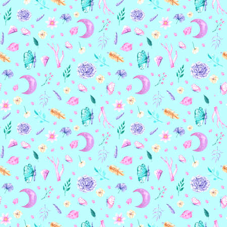Seamless boho pattern with crystals, moon and flowers for use in scrapbooking, wallpaper and textiles and product designの写真素材