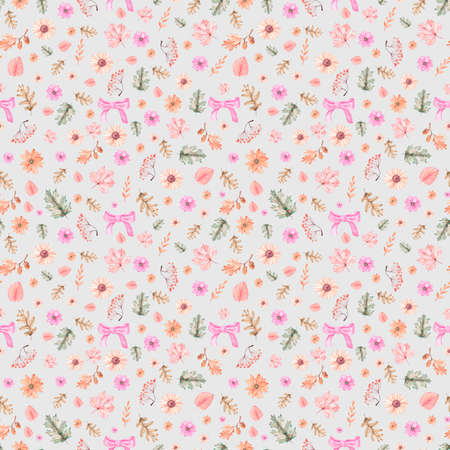 Seamless watercolor pattern with autumn leaves, twigs and flowers for use in textiles, packaging paper, scrappubking and product designの写真素材
