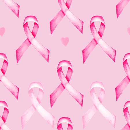 A month of fighting breast cancer pattern in watercolor. Women's health with a pink ribbon symbol.の写真素材