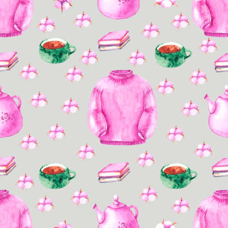 Watercolor autumn-winter pattern with a sweater, a cup, books, cotton in pink, green and brown shades for product designの写真素材