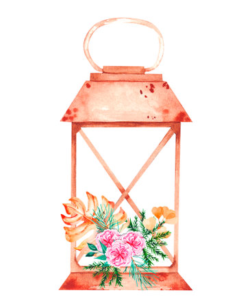 Watercolor lantern with a bouquet of peony roses, monstera, pine needles on a white background for the design of Christmas and New Year productsの写真素材