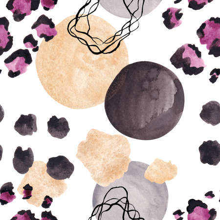 Abstract pattern with watercolor spots of gold, black, gray, purple for product design