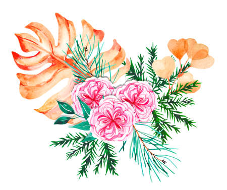 Watercolor bouquet with monstera, peony-shaped rose and pine needles on a white background for the design of Christmas and New Year productsの写真素材
