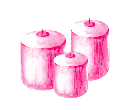 Watercolor pink candles on a white background for the design of festive productsの写真素材