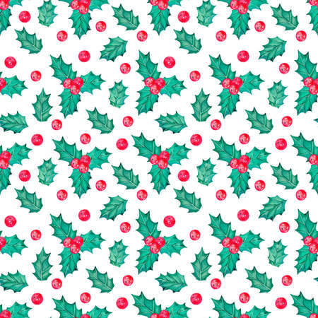 Watercolor pattern with Christmas plants for the design of Christmas and New Year productsの写真素材