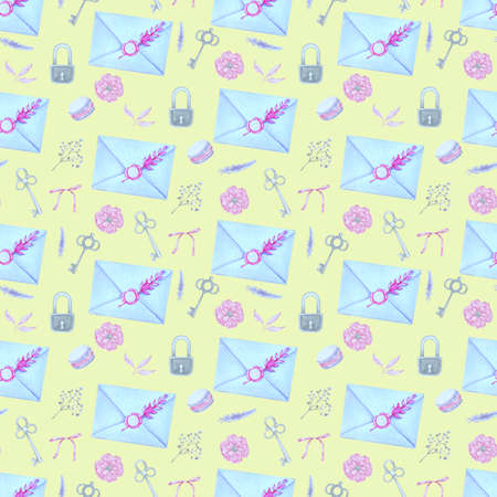 Watercolor pattern with envelopes, keys, locks, plants for the design of festive productsの写真素材