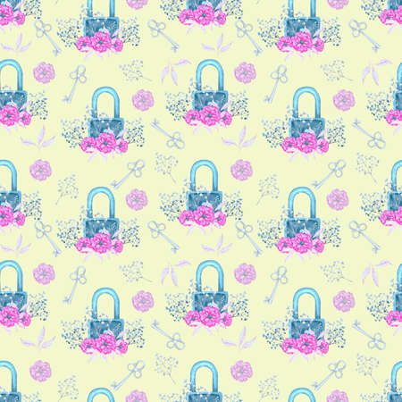 Watercolor pattern with keys, locks, plants for the design of festive productsの写真素材