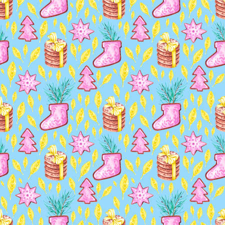 Watercolor festive pattern with gingerbread and cookies on a blue background for the design of New Year and Christmas productsの写真素材