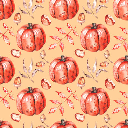 Golden watercolor pattern with pumpkins chestnuts acorns and leaves. Hand-drawn elements on a white background for the design of autumn products.の写真素材
