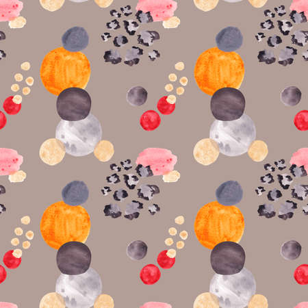 Watercolor abstract pattern with red yellow gray and black spots on a gray background