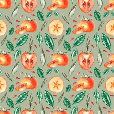 Watercolor pattern with persimmon green with persimmon leaves and fruits for the design of packaging paper, fabric, wallpaper, postcards and other productsの写真素材