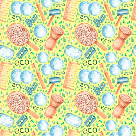 Watercolor pattern with eco-friendly products in the zero weist style for product design. Let's preserve nature.の写真素材