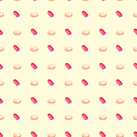 Watercolor medical pattern with tablets and capsules on a light backgroundの写真素材