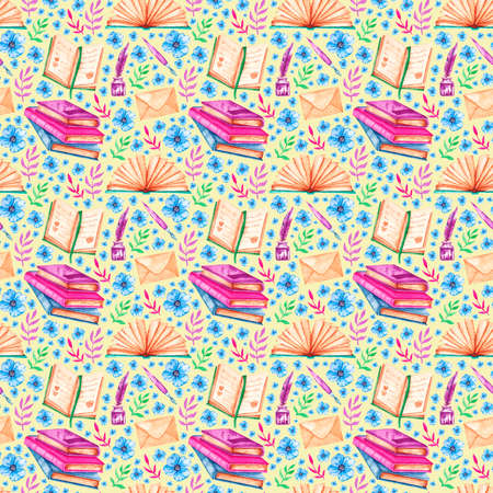 Watercolor pattern with books, ink, pens, blue flowers, twigs on a yellow backgroundの写真素材