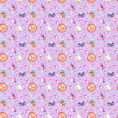 Watercolor pattern with books, cotton, wood, sweaters, home flowers on a purple background