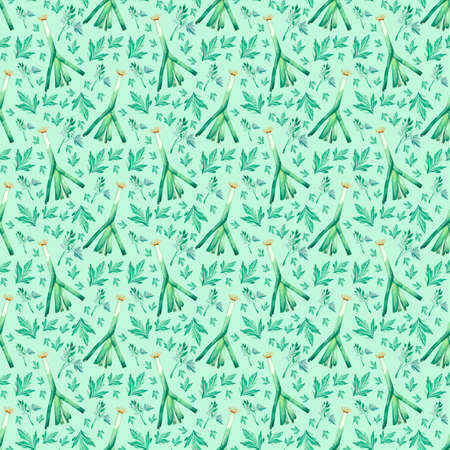Watercolor pattern with green vegetables, onions, parsleyの写真素材