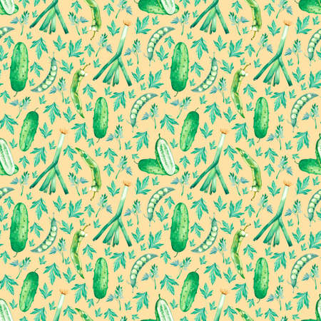 Watercolor pattern with green vegetables, onions, peas, parsleyの写真素材