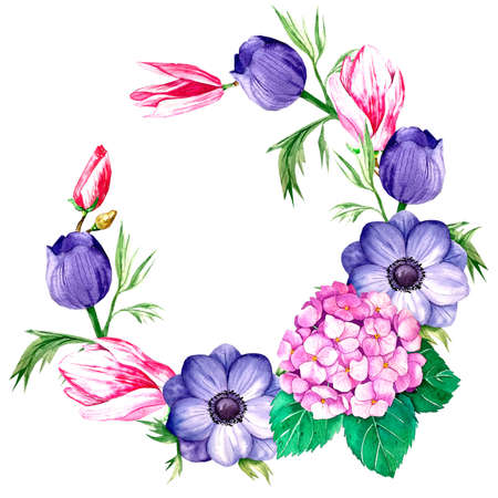 Round Botanical frame with anemones hydrangea and magnoliaの写真素材