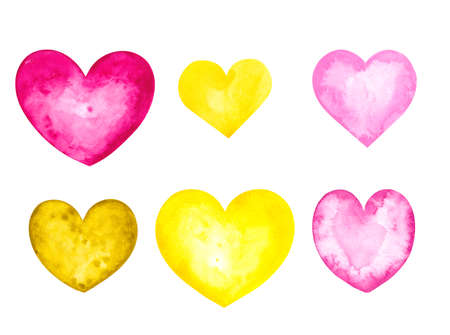 Watercolor hearts of pink, green, yellow colors 2の写真素材