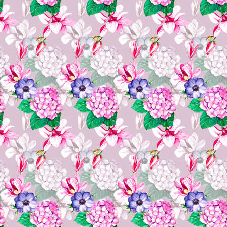 Watercolor pattern with magnolias, hydrangeas, anemones on a pink background. Pattern with flowers...