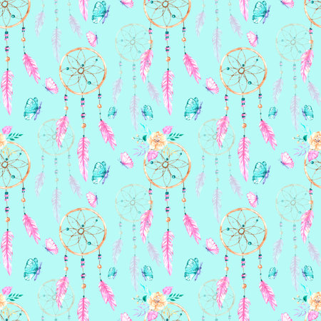 Watercolor pattern with dream catchersの写真素材