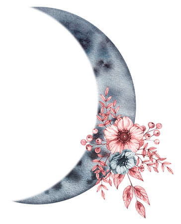 Watercolor phase of the moon with flowers on a white backgroundの写真素材